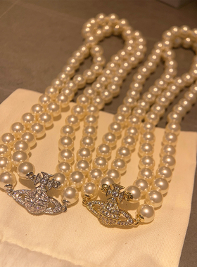 W3Studio韩国超火小众双层珍珠土星项链锁骨链磁石choker叠戴