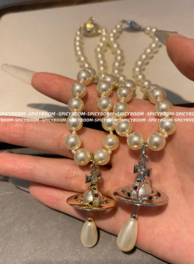 W3Studio立体土星orb单层珍珠水滴项链轻奢小众高级感气质锁骨链