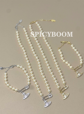 土星别针珍珠项链高定版镶钻别针回形针锁骨链欧阳娜娜同款