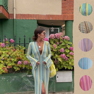 Crochet Colorful Stripe Maxi Dress Women Flare Sleeve Deep