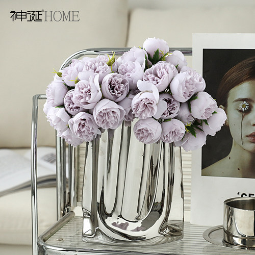 装高级感镀银陶瓷花瓶摆件假花仿真花客厅摆设餐桌花摆花装饰花