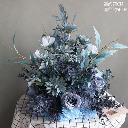 婚庆路引花蓝色系盆花T台舞台背景迎宾花艺婚礼堂花点高档宴会厅