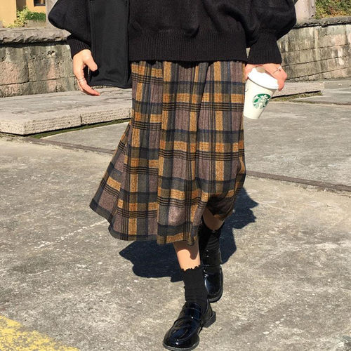 Vintage Wool Pleated Plaid Skirt Women High Waist Plus Size