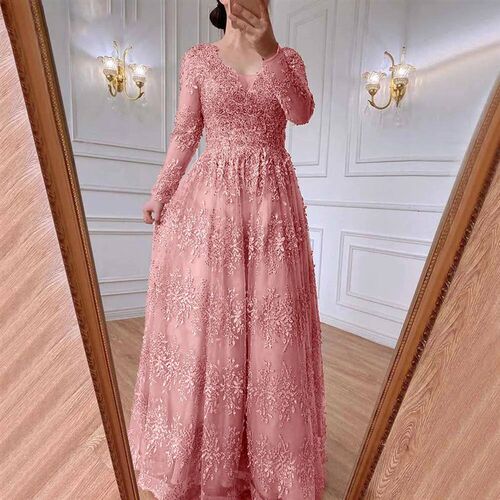2023 Pink Lace Long Sleeve Mother of The Bride Gowns Elegant