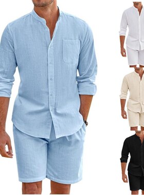 Cotton Linen Long Sleeve Shirt + Shorts Summer Men Two-Piece