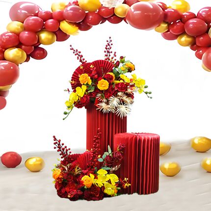 婚庆红色迎宾花电镀铁艺几何路引仿真花摆件酒店商场橱窗装饰布置