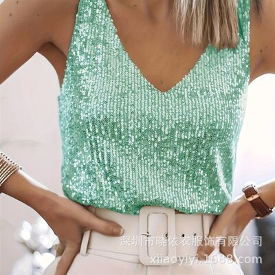Sexy Ladies Sequins Light Mature Sexy V-neck Womens Vest
