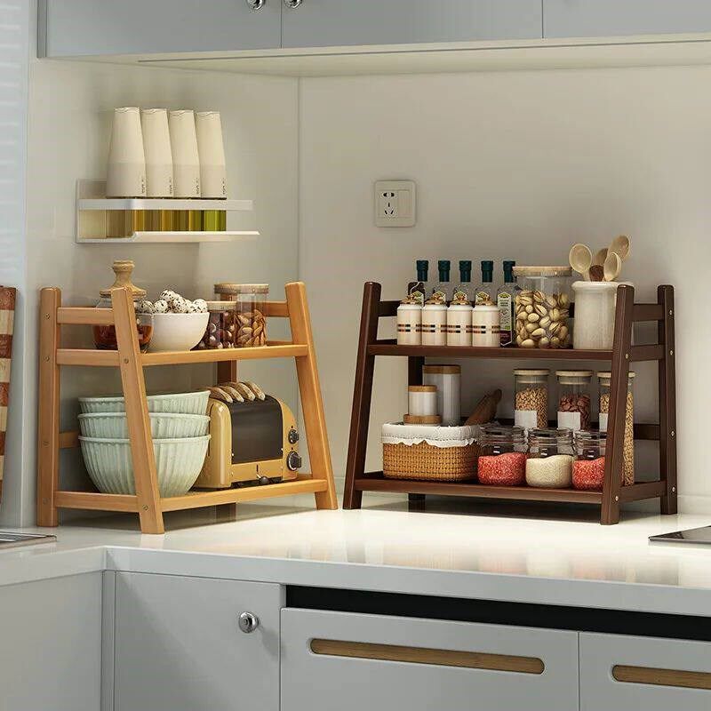 2 Layer Spice Caddy Shelf Bamboo Kitchen Storage Rack Deskto