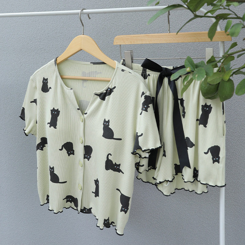 带胸垫睡衣女夏小猫家居服