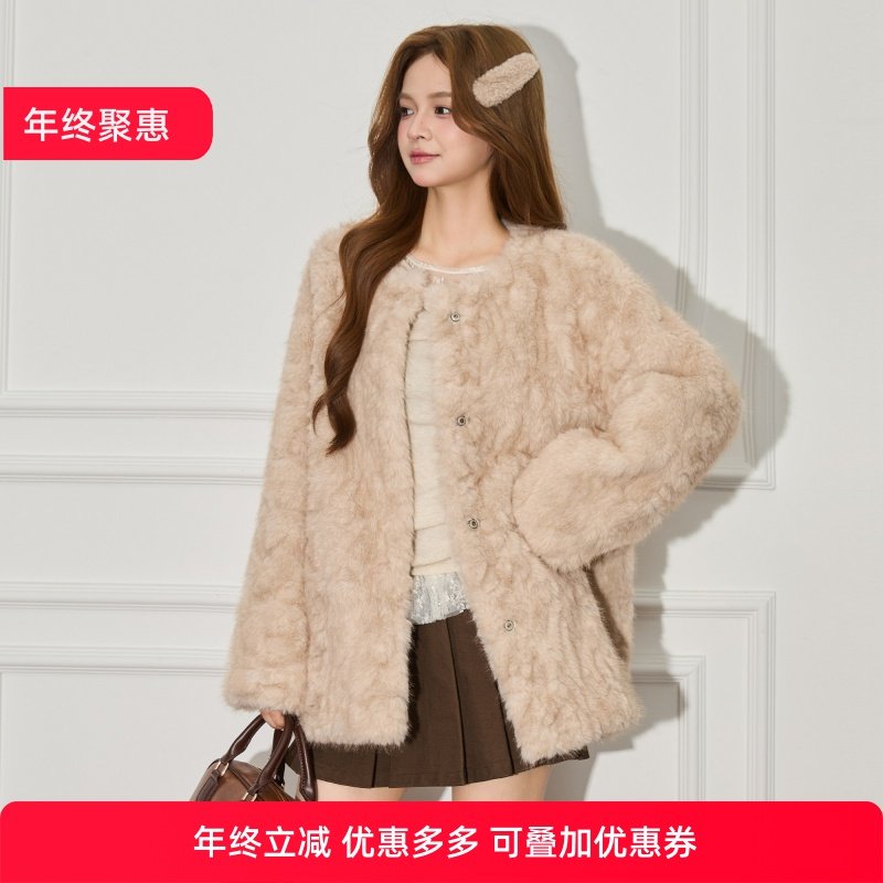 韩系慵懒杏色圆领毛毛外套女2025冬季新款软糯羊毛羔保暖上衣,女装/女士精品,毛呢外套,淘宝优惠券,粉丝福利购,淘宝优惠卷