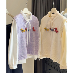 两件套装 女秋冬新款 木耳边衬衫 趣味立体小马背心马甲叠穿针织衫