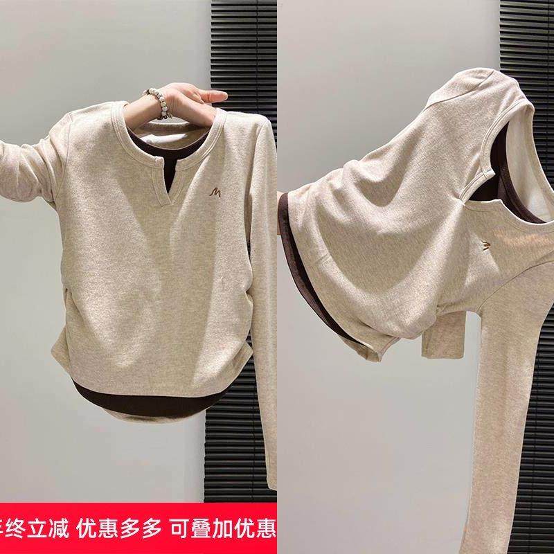假两件长袖t恤女外穿2025秋冬新款内搭高级感显瘦打底衫短款上衣,女装/女士精品,T恤,淘宝优惠券,粉丝福利购,淘宝优惠卷