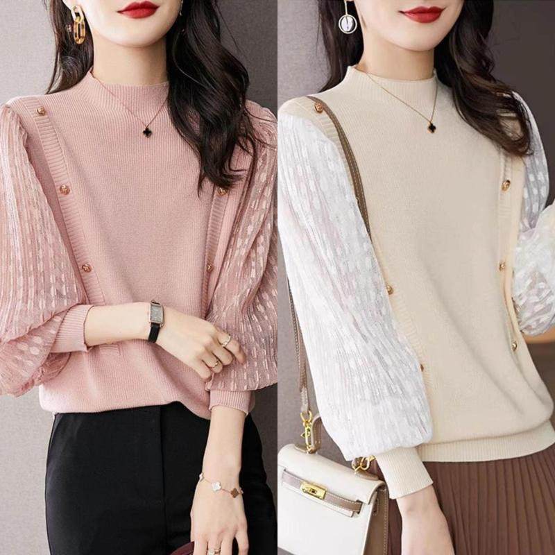 高级感拼接小香风针织衫女2025春款半高领打底毛衣短款灯笼袖上衣,女装/女士精品,毛针织衫,淘宝优惠券,粉丝福利购,淘宝优惠卷