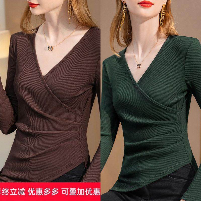 黑色打底衫女春秋装2025新款长袖V领恤不规则收腰内搭上衣,女装/女士精品,POLO衫,淘宝优惠券,粉丝福利购,淘宝优惠卷