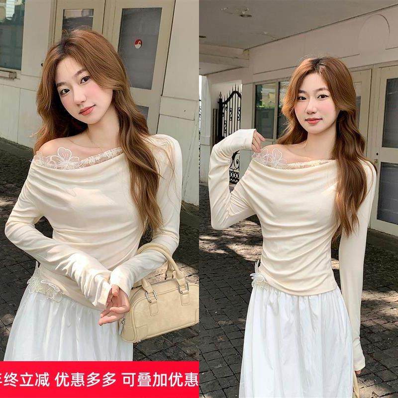 法式设计感斜肩长袖t恤女2025秋季新款内搭打底衫绝美露肩小上衣,女装/女士精品,T恤,淘宝优惠券,粉丝福利购,淘宝优惠卷