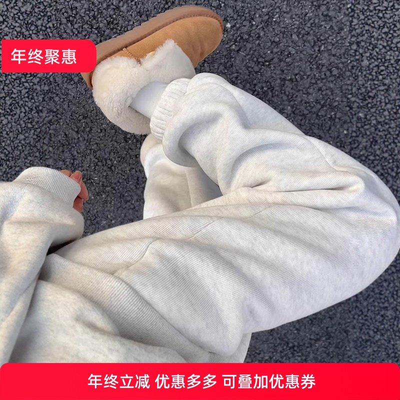 白色加绒运动裤子女款2026新款秋冬季加厚保暖棉裤小个子束脚卫裤