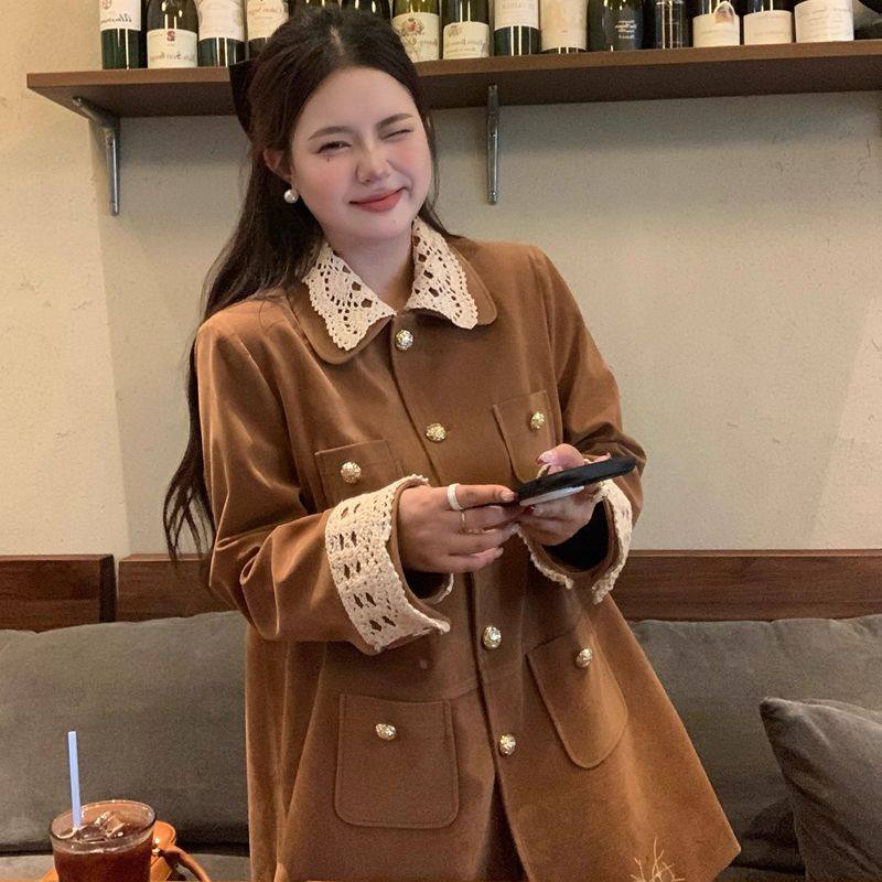 复古美拉德鹿皮绒棕色假两件拼接领宽松百搭中长款有内里原版设计,女装/女士精品,毛呢外套,淘宝优惠券,粉丝福利购,淘宝优惠卷