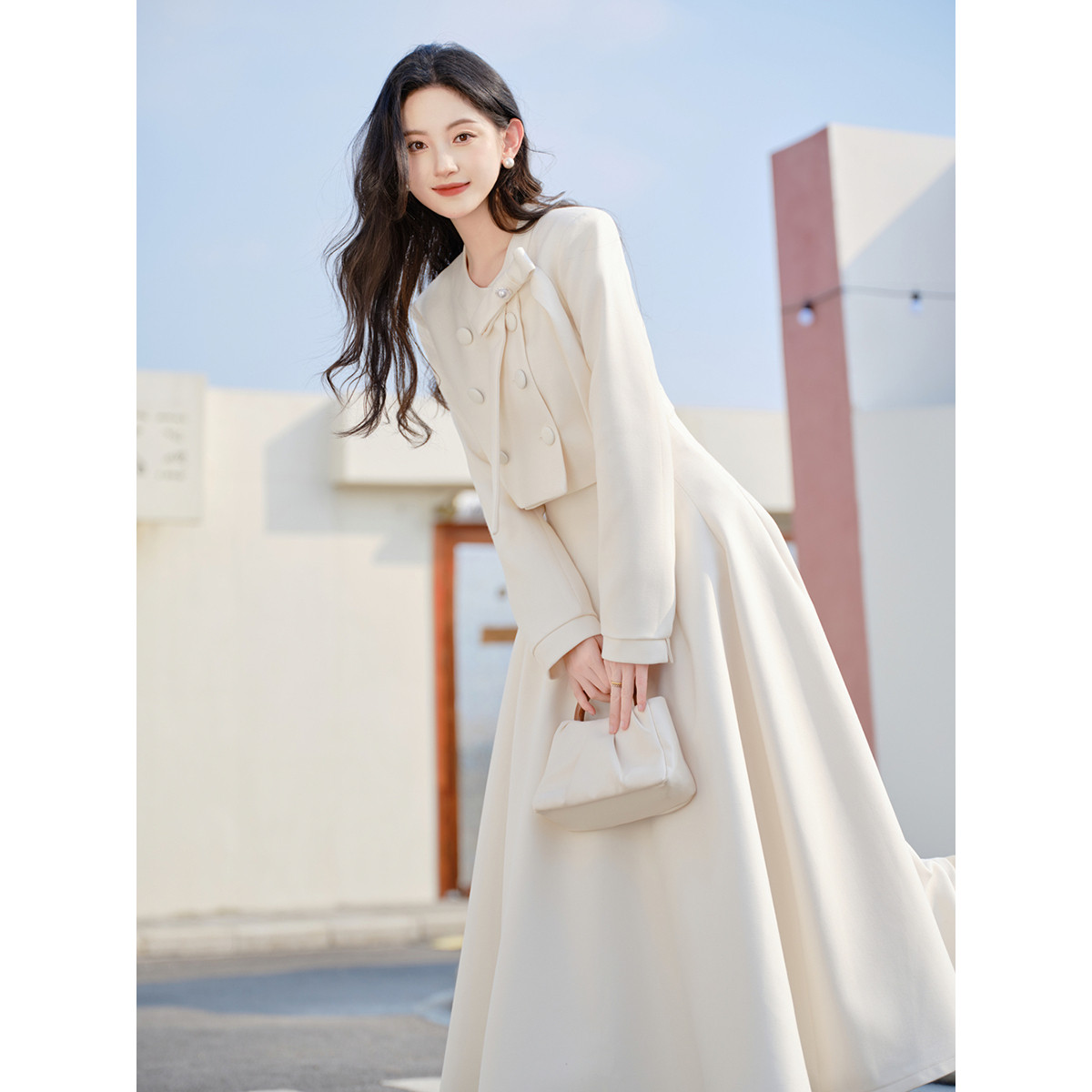 实拍 秋冬优雅气质珍珠蝴蝶结小西装+大摆高腰半身裙轻奢套装,女装/女士精品,时尚套装,淘宝优惠券,粉丝福利购,淘宝优惠卷