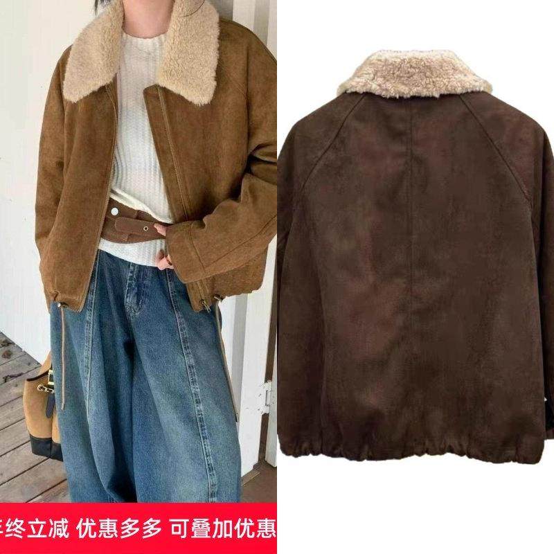 设计感羊羔毛翻领鹿皮绒夹棉外套女2025秋冬新款时尚百搭短款上衣,女装/女士精品,羊绒衫,淘宝优惠券,粉丝福利购,淘宝优惠卷