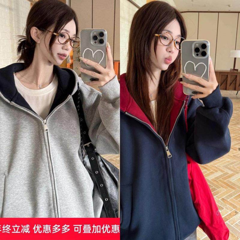 重磅灰色廓形感连帽开衫卫衣外套女秋冬新款加绒加厚潮牌帽衫上衣,女装/女士精品,卫衣/绒衫,淘宝优惠券,粉丝福利购,淘宝优惠卷