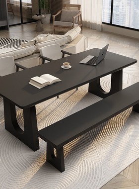 侘寂风多人学习工作台办公桌黑色实木书桌家用客厅长条餐桌泡茶桌