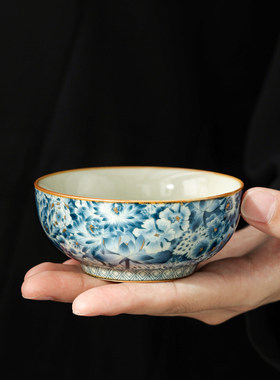 汝窑金万花普洱茶杯主人杯高端单杯陶瓷功夫茶具开片品茗杯茶盏