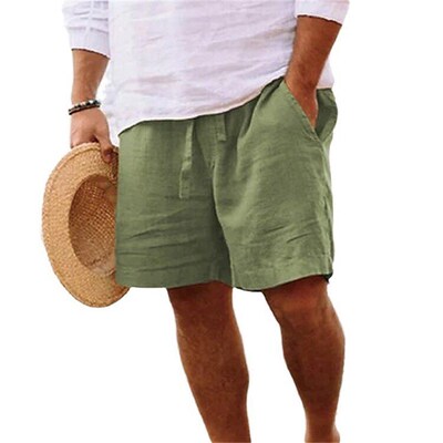 Mens Shorts tton Linen Drawstring Elastic Waist Straight Le