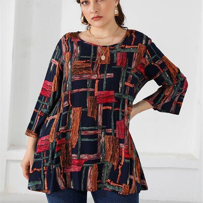 4XL 5XL Plus Size Blouse Women 2021 Autumn Three Quarter Sle