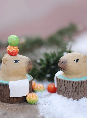 鹿妖商店 泡汤水豚卡皮巴拉情绪稳定 纯手工动物木雕实木桌面摆件