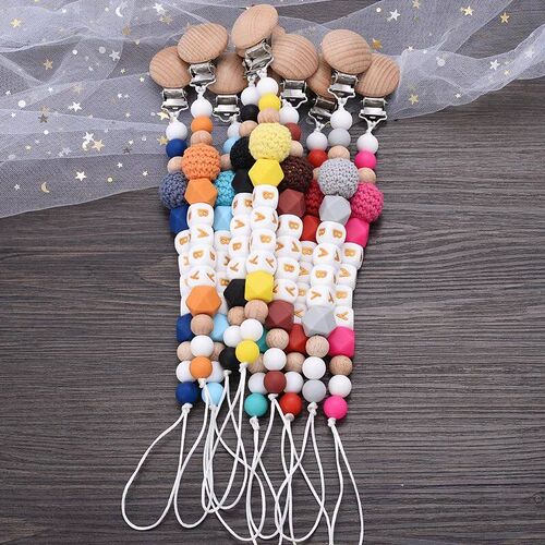 Personalized Name Baby Pacifier Chain Beech Wood Dummy Holde
