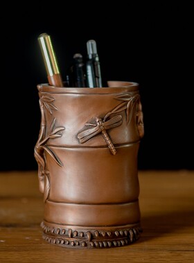 紫铜笔筒桌面摆件办公室书房用品教师学生领导商务送礼红铜工艺品