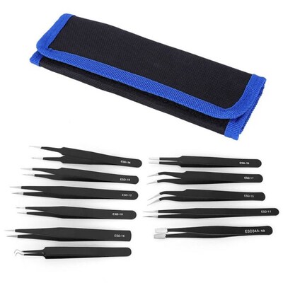 11Pcs Accuracy Tweezers Canvas Bag Set Stainless Steel Strai