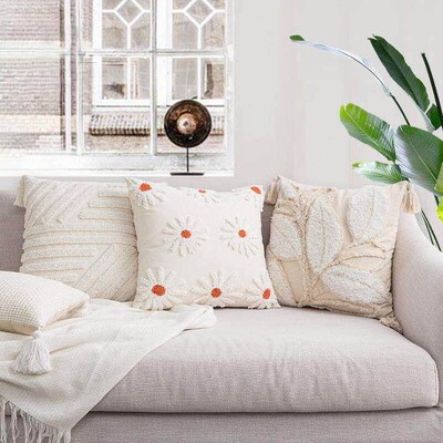 White Cushion Cover Decorative Tufted Pillow Case Tassels So