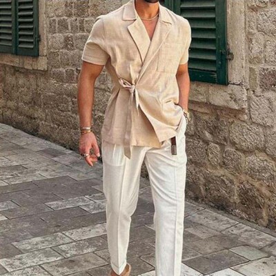 Summer Solid Color Linen Short-sleeved Shirt Suit Lapel Stra