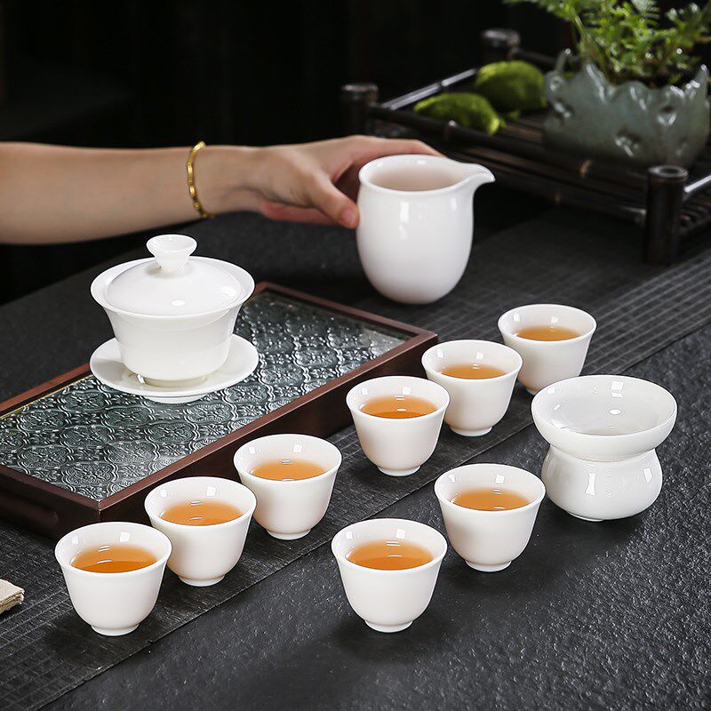 羊脂玉白瓷功夫茶具套装整套家用办公会客盖碗茶壶高档礼盒装送礼