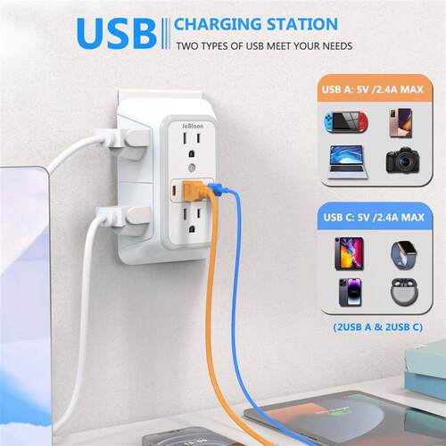 US Multi Socket Wall Socket with 6 AC Outlets 4 USB Port(2 T