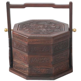 红木红酸枝提篮果盘食盒子实木质多层点心盒家用中式仿古带盖客厅