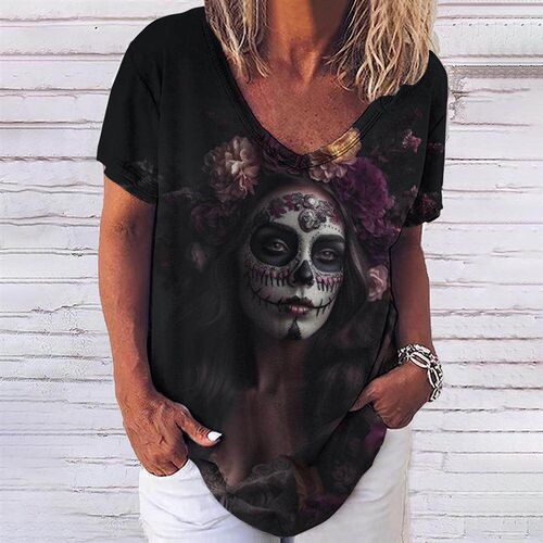 Summer 2023 New 3D Horror Skull Print Womens V-neck Top