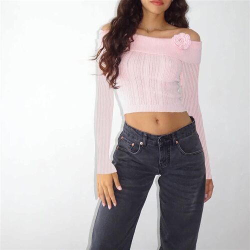 Gaono Womens Knit Flower Decro Crop Tops Basic Solid