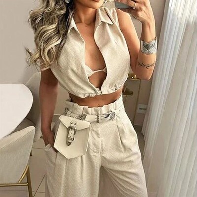 Women Two Piece Pants Set 2024 Solid Lapel V Neck Sleeveless