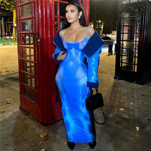 030 Spaghetti Strap Long Backless Slim Dresses Blue Printed