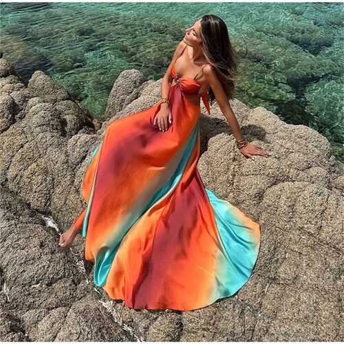 2025 Women Tie-dye Gradient Slim Fit Off Waist Long Dress
