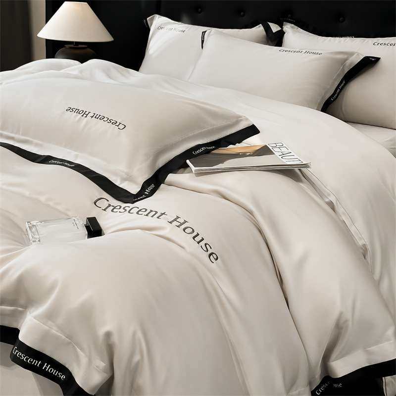 轻奢夏季凉感冰丝四件套夏天床上丝滑裸睡简约刺绣被套三件套床品