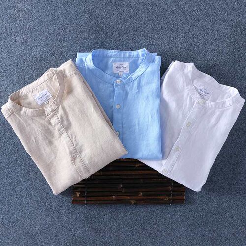 Summer White Short-sleeved Stand Collar Pure Linen Shirt Men