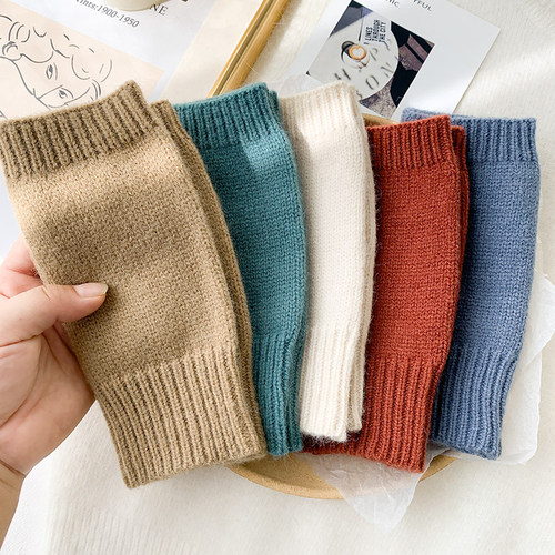 Winter Warm Fingerless Knitted Wool Gloves Women Men Solid S