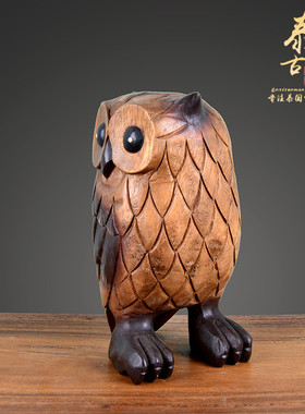 东南亚风格实木手工雕刻猫头鹰木雕泰国工艺品会所客厅摆件
