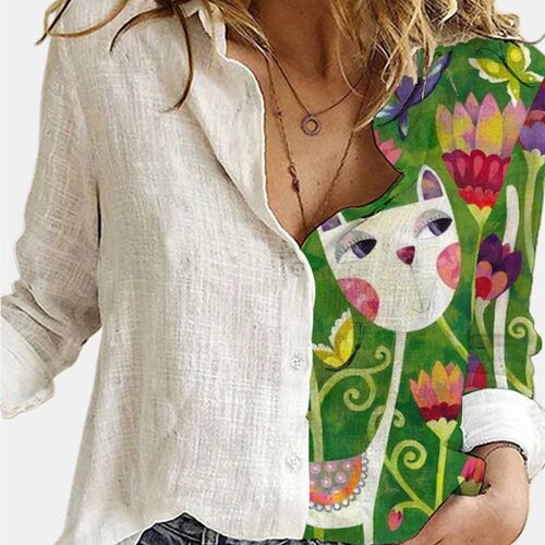 Fashion Stitching Cute Cat Print Long Sleeve Blouses Women
