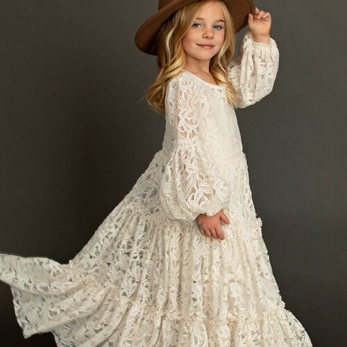 Girls Lace Long Sleeve Pink White Dress Baby Kids Bohemia El