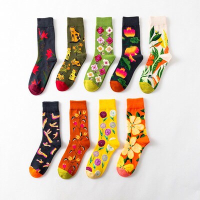 1 Pair Women Socks Cartoon Dog Octopus Flower Plant Kawaii F