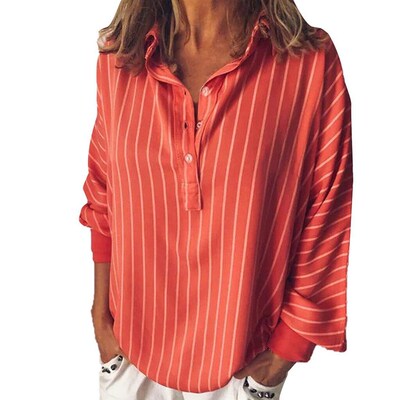 Fashion Woman Loose Casual Striped Button Lapel Long Sleeve